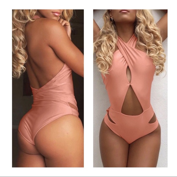 LAST ONE Halter One Piece Pink Swimsuit - Picture 2 of 9
